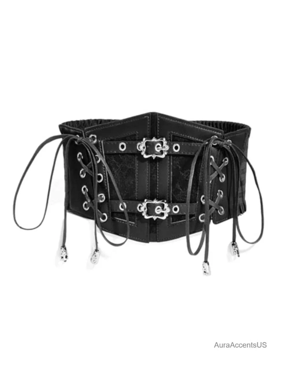 Vintage Faux Leather Corset Belt Sides Lace-up Underbust Wide Elastic Waist